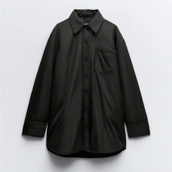Zara Water Repellent Quilted Overshirt shirt Jacket Black button size S NWT - Picture 7 of 16